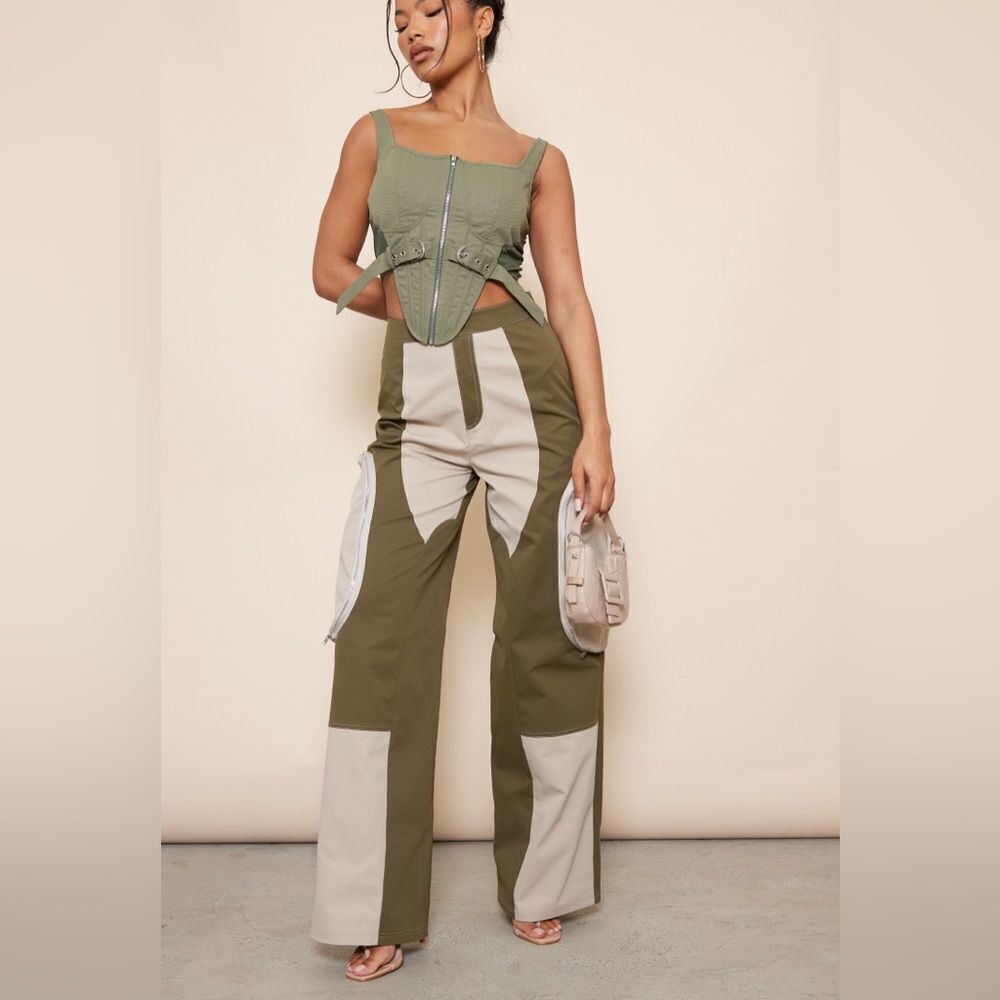 Pretty‎ Little Thing Contrast Panel Cargo Pants Khaki US 2 NWT IN PACKAGE